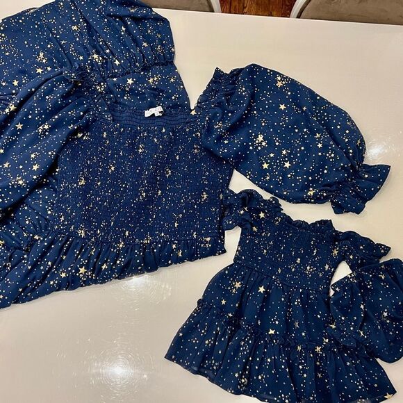 Matching SET Mommy Baby Ivy City Co Starry Nights Puff Sleeve Smocked Dresses - Picture 2 of 11